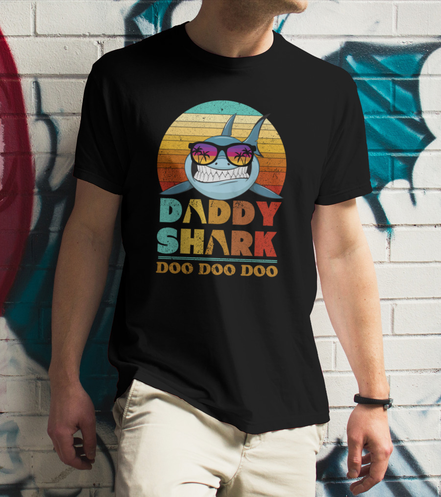 Daddy Shark Doo Doo Doo Retro Sunset Sunglasses Palms Colorful T-Shirt