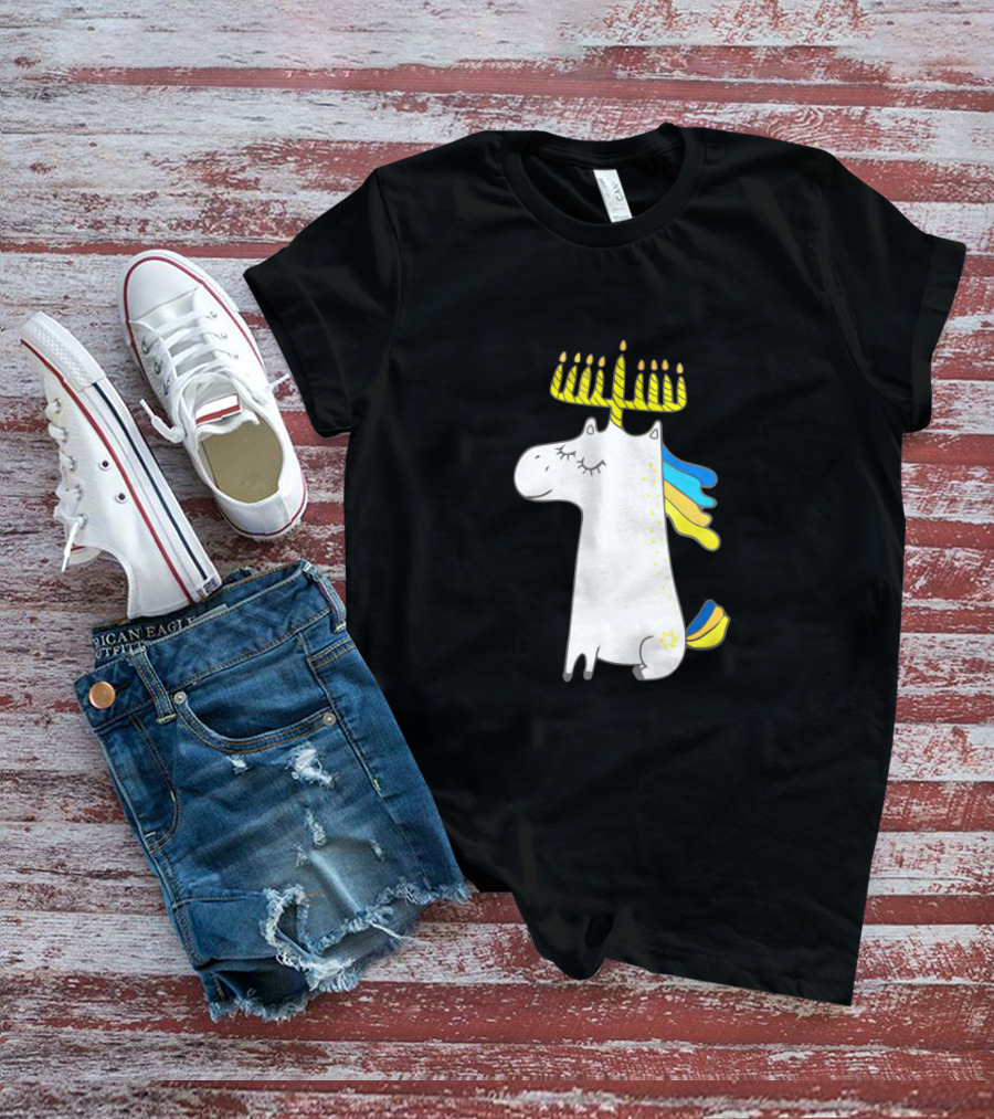 Unicorn With Menorah Horn And Star T-Shirt