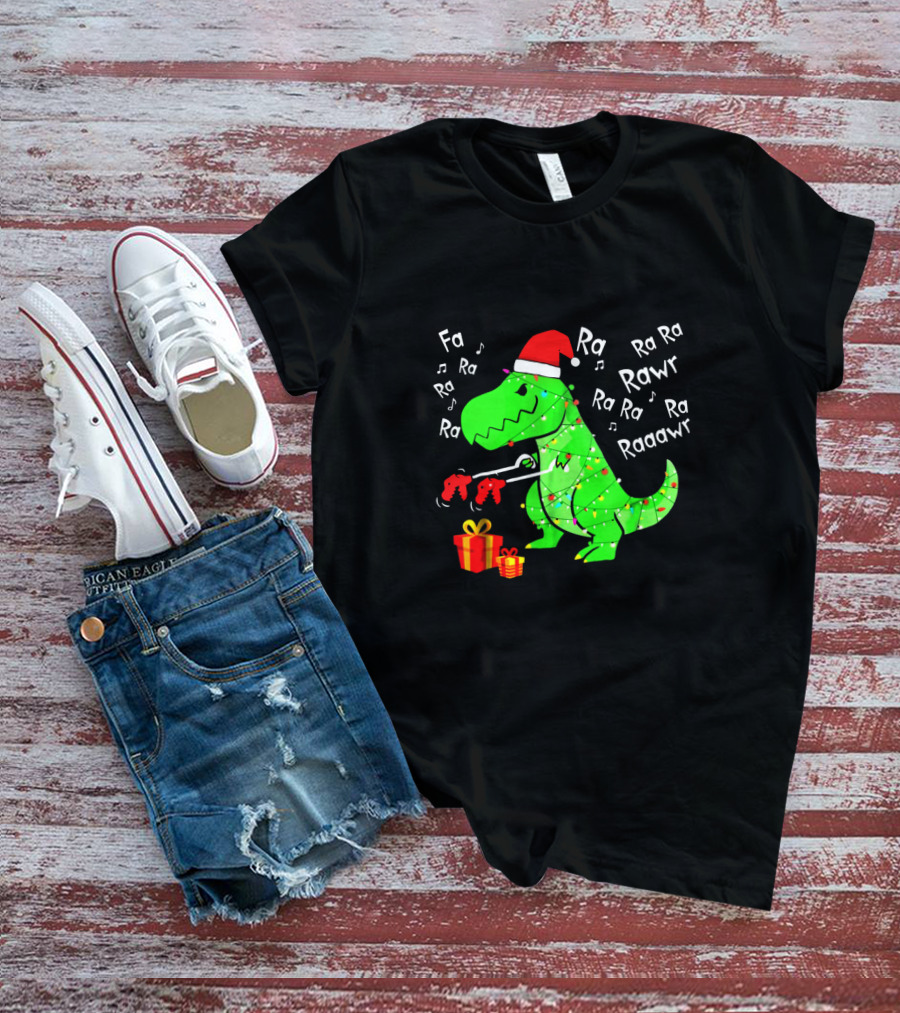 Santa Hat Dinosaur With Christmas Lights And Presents Singing Fa Ra Ra Ra Rawr Raaawr Tree Rex T-Shirt