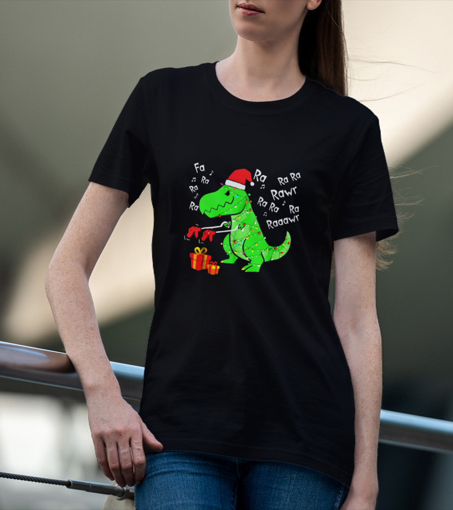 Santa Hat Dinosaur With Christmas Lights And Presents Singing Fa Ra Ra Ra Rawr Raaawr Tree Rex T-Shirt