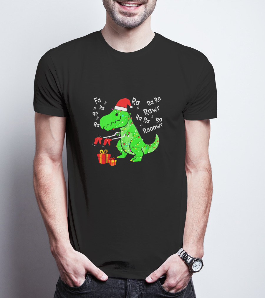 Santa Hat Dinosaur With Christmas Lights And Presents Singing Fa Ra Ra Ra Rawr Raaawr Tree Rex T-Shirt