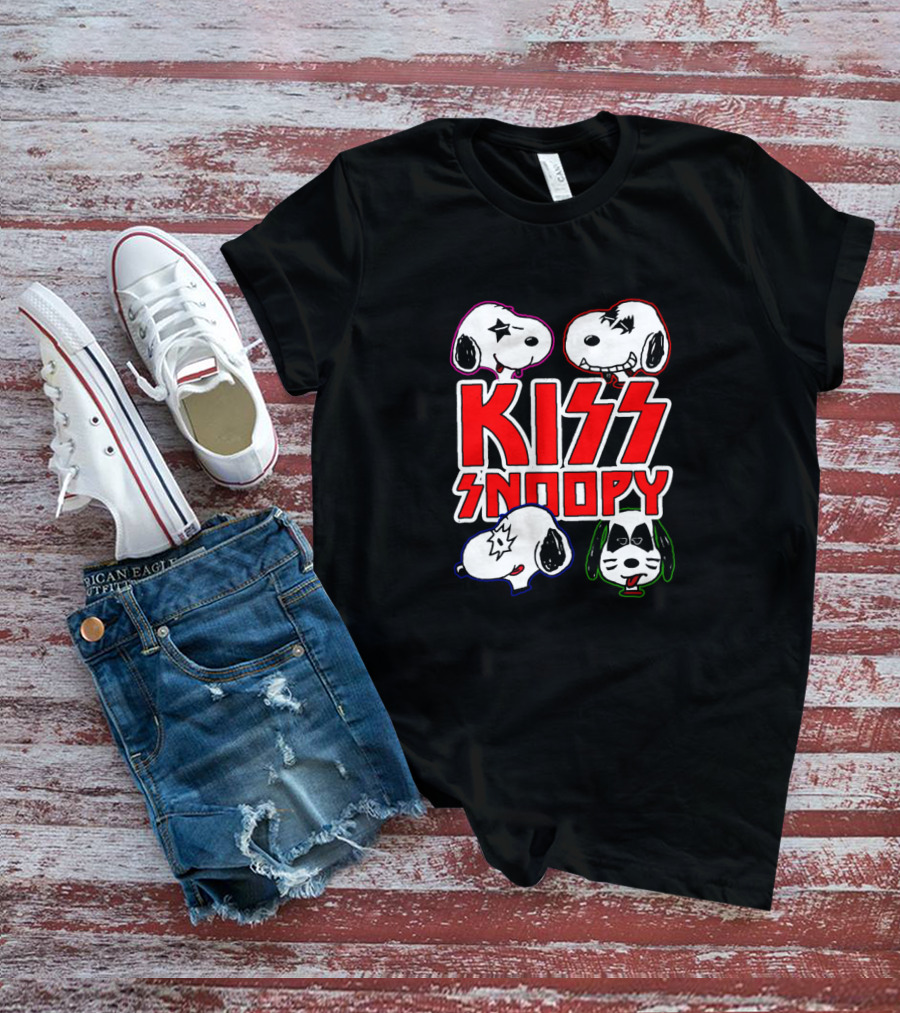 Kiss Snoopy Cartoon Characters Heavy Metal Style Iconic Band Faces T-Shirt