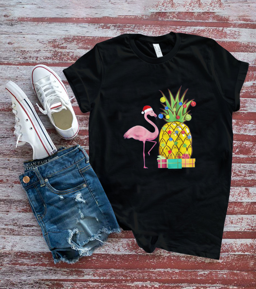 Santa Flamingo Christmas Pineapple With Colorful Ornaments And Holiday Gifts T-Shirt