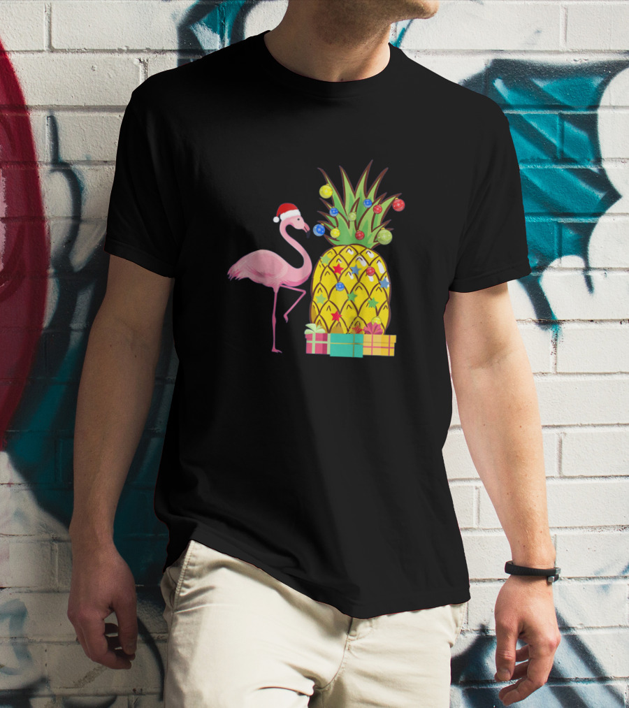 Santa Flamingo Christmas Pineapple With Colorful Ornaments And Holiday Gifts T-Shirt