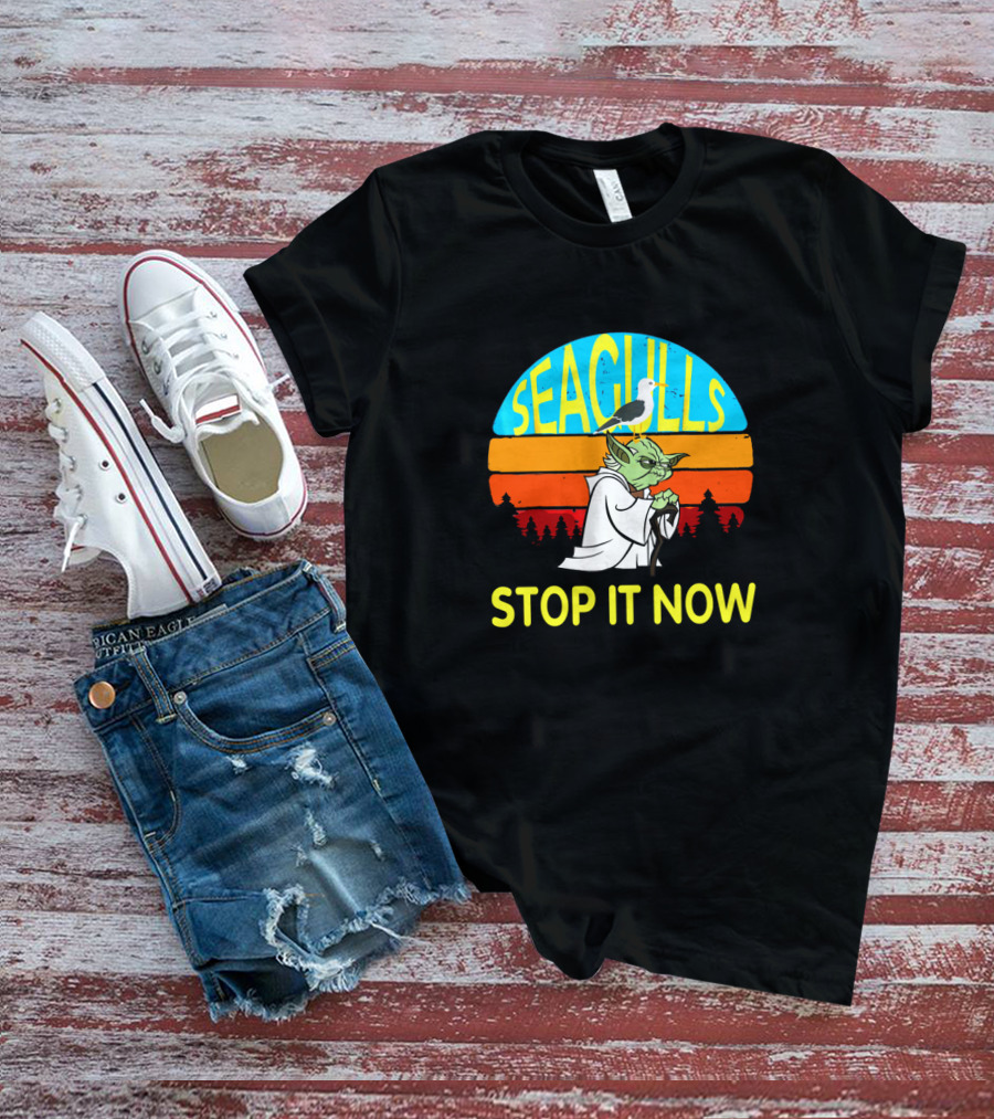 Seagulls Stop It Now Funny Retro Yoda Influence Vintage Sunset T-Shirt