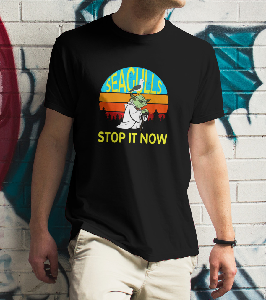 Seagulls Stop It Now Funny Retro Yoda Influence Vintage Sunset T-Shirt