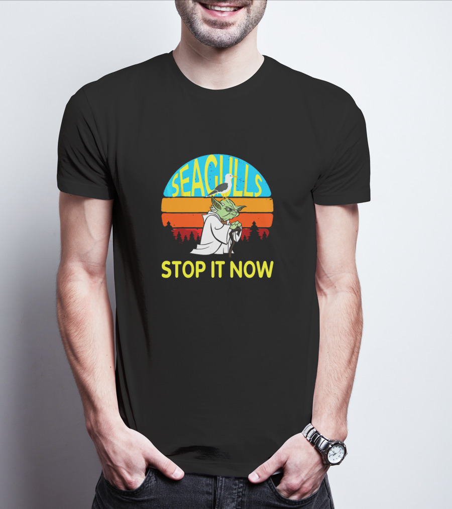 Seagulls Stop It Now Funny Retro Yoda Influence Vintage Sunset T-Shirt