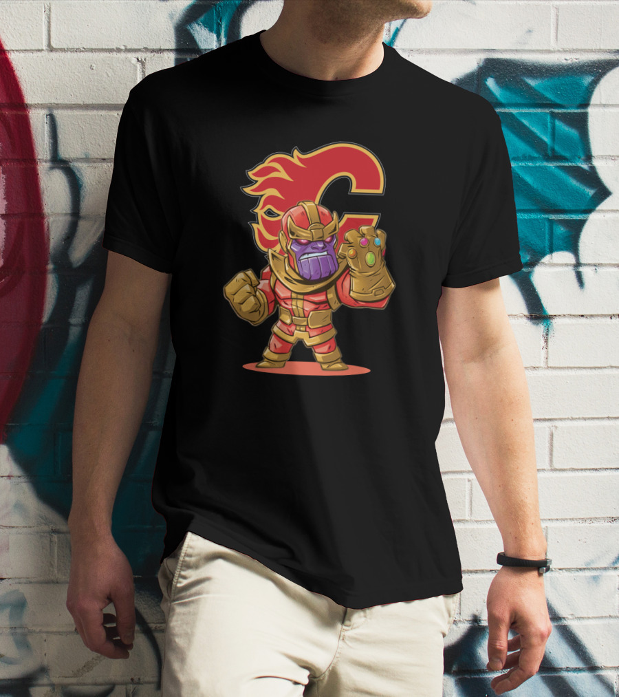 Thanos In Calgary Flames Colors With Team Logo Background T-Shirt