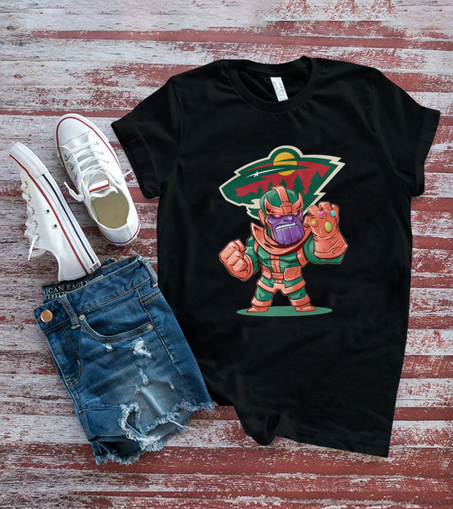 Thanos Cartoon With Infinity Gauntlet And Minnesota Wild Logo Background T-Shirt