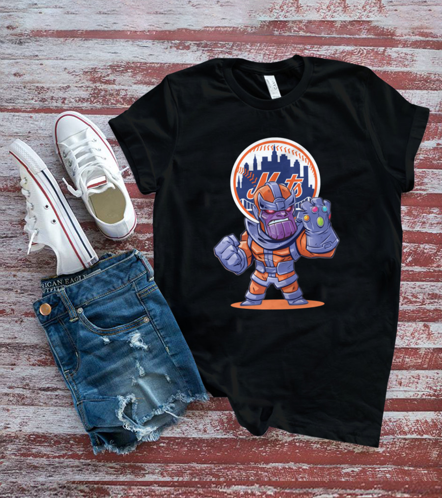 Thanos Wears New York Mets Colors With Infinity Gauntlet And Mets Skyline T-Shirt