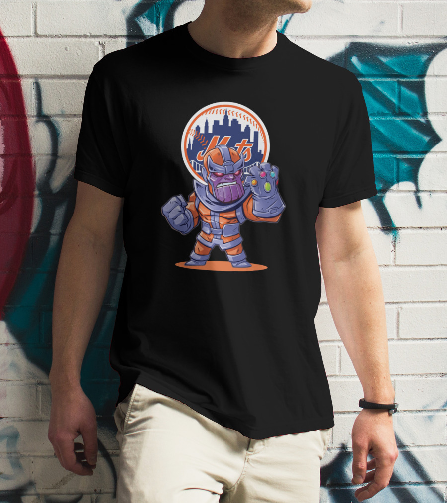 Thanos Wears New York Mets Colors With Infinity Gauntlet And Mets Skyline T-Shirt