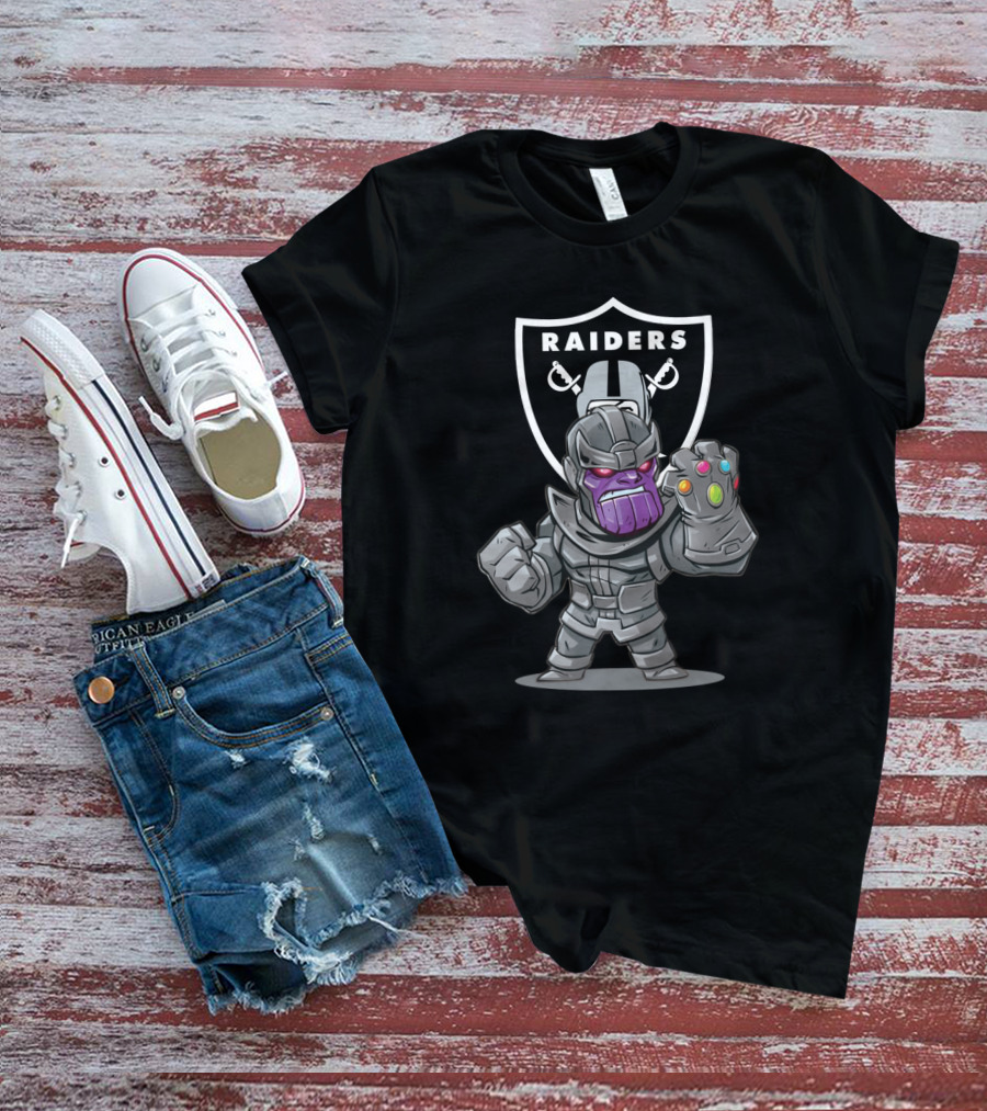 Raiders Shield With Thanos Character Holding Infinity Gauntlet T-Shirt