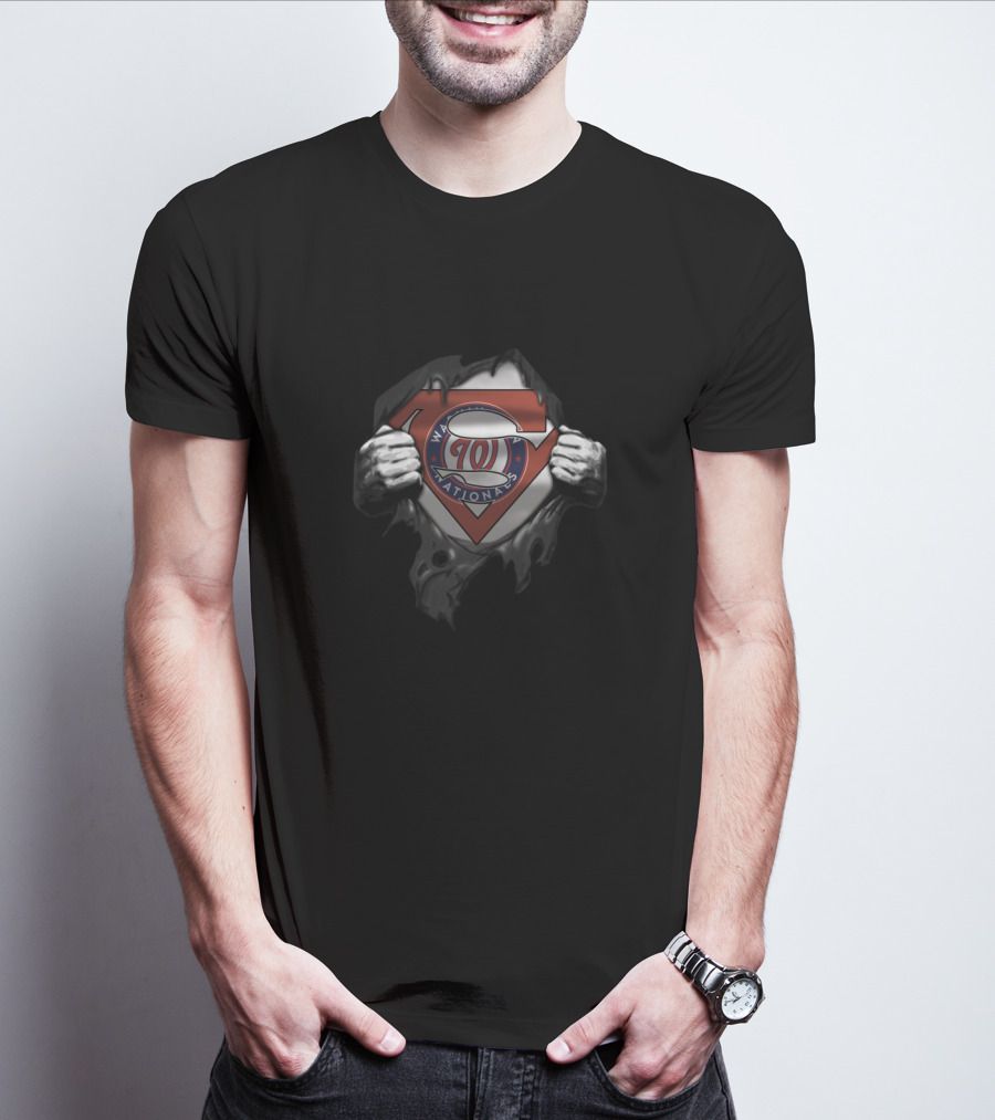 Superman Logo With Washington Nationals Emblem In Tearaway Style For Fans T-Shirt