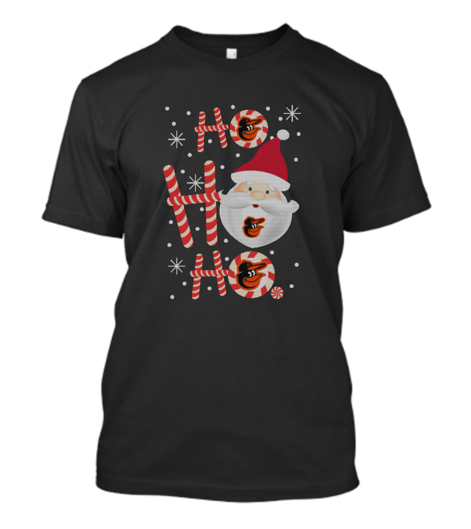 Ho Ho Ho Santa Christmas Baltimore Orioles Fans Peppermint Candy Cane T-Shirt