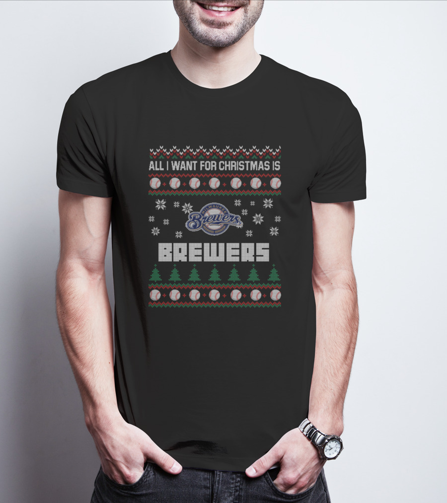 All I Want For Christmas Is Milwaukee Brewers Snowflakes Baseball Tree T-Shirt