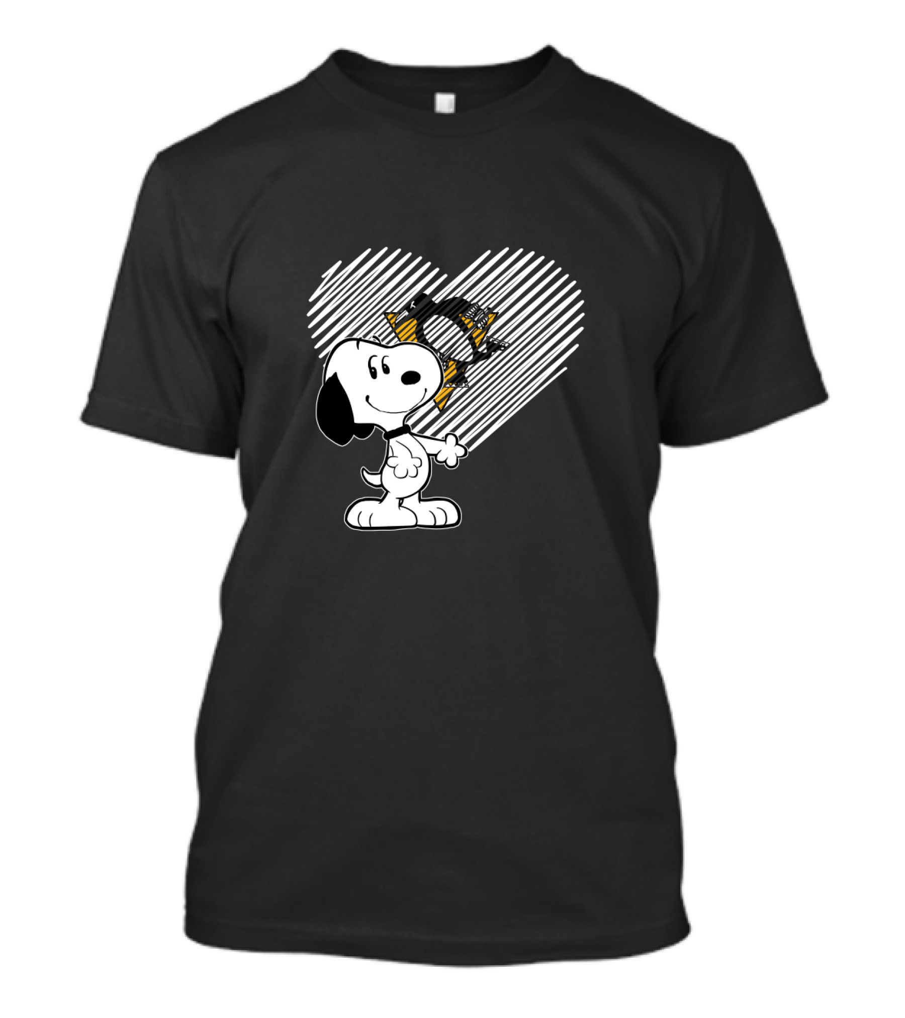 Snoopy Heart Penguins Hockey With Black And Gold Accents T-Shirt