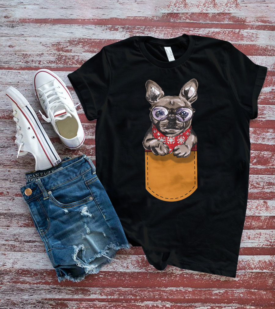Cool Frenchie France Bulldog In Glasses With Red Scarf In Pocket T-Shirt