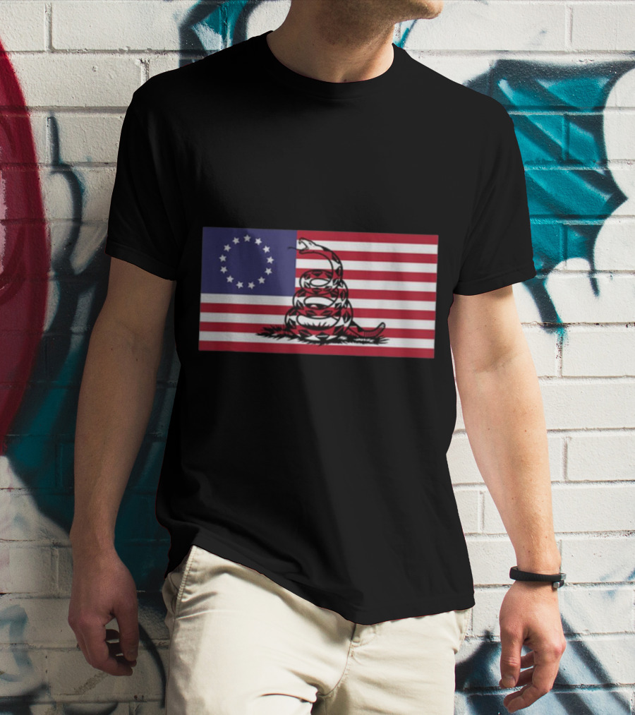 Betsy Ross Flag Combined With Gadsden Snake Icon 13 Star Colonial American Symbolism T-Shirt