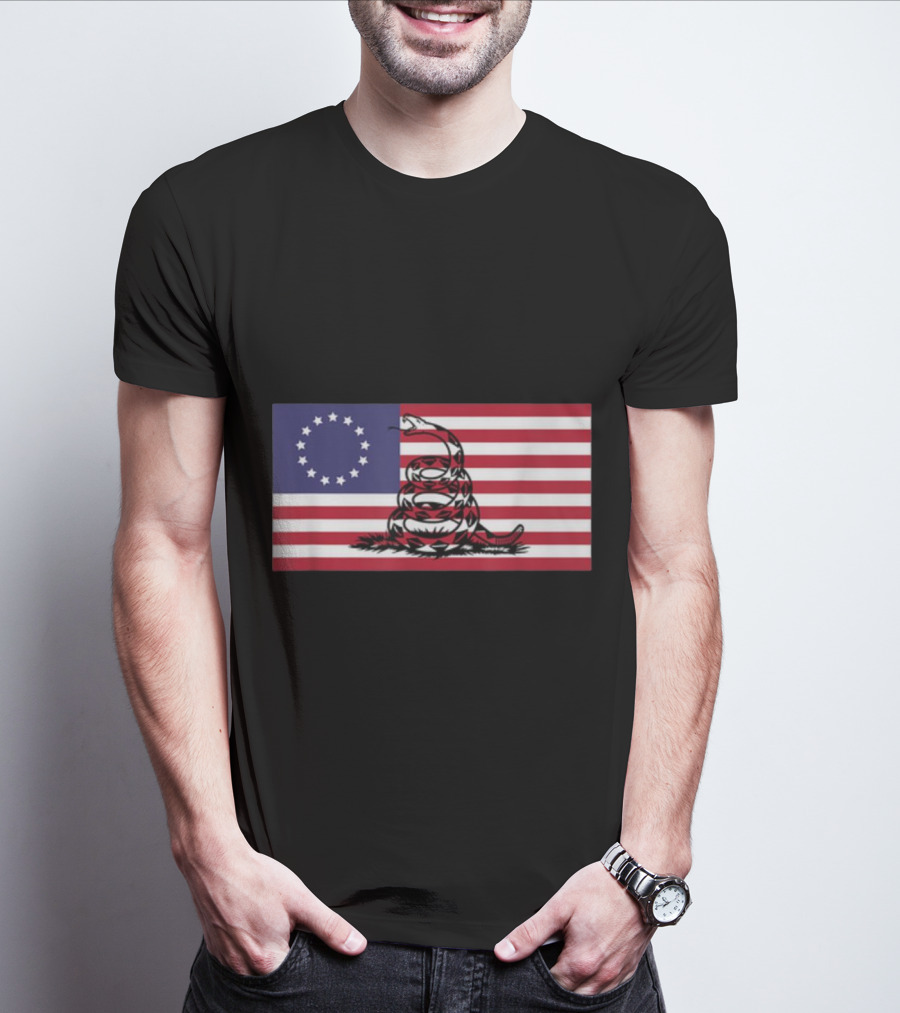 Betsy Ross Flag Combined With Gadsden Snake Icon 13 Star Colonial American Symbolism T-Shirt