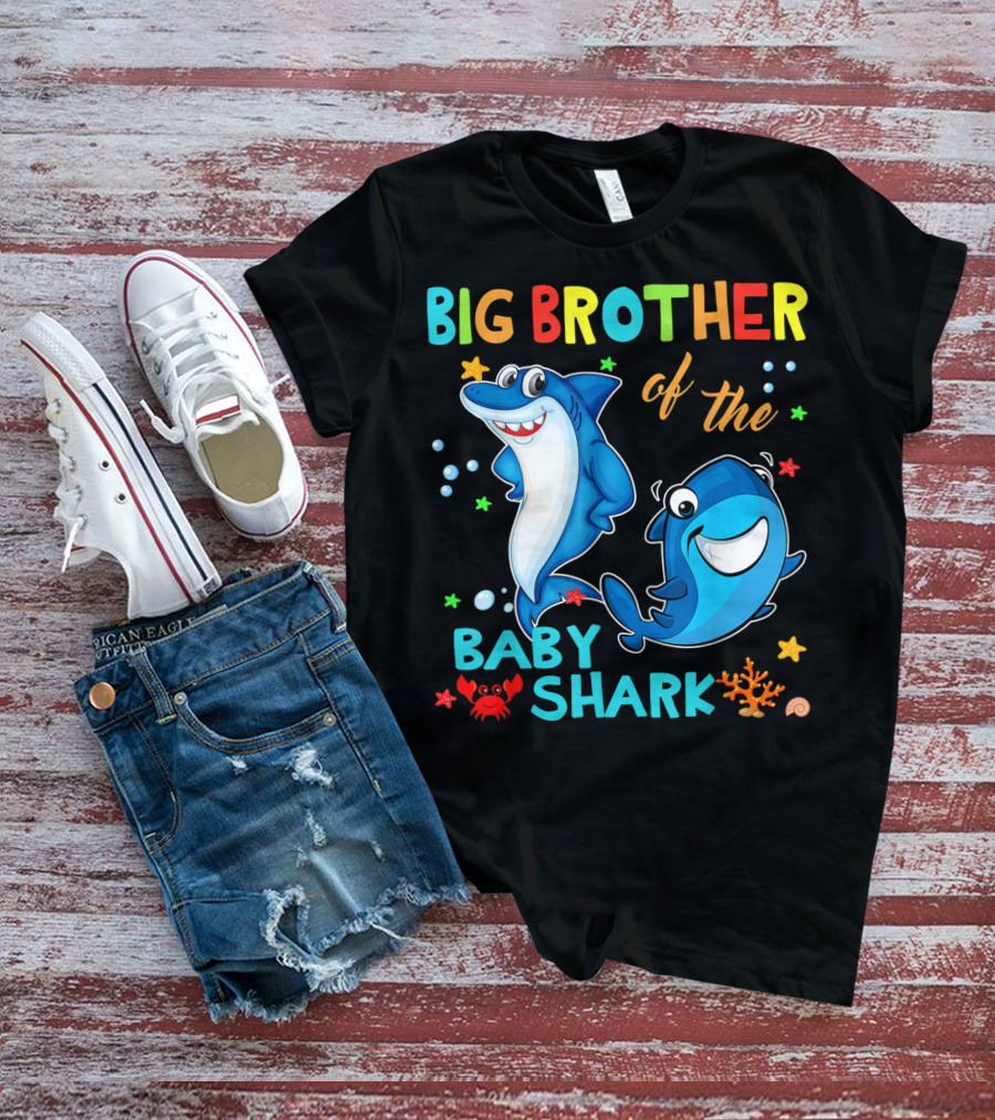 Big Brother Of The Baby Shark With Cartoon Sharks And Sea Creatures T-Shirt