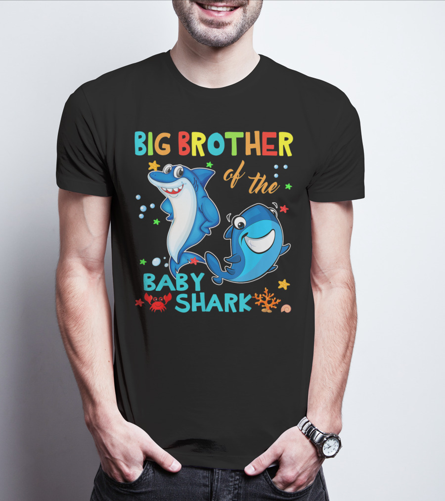 Big Brother Of The Baby Shark With Cartoon Sharks And Sea Creatures T-Shirt