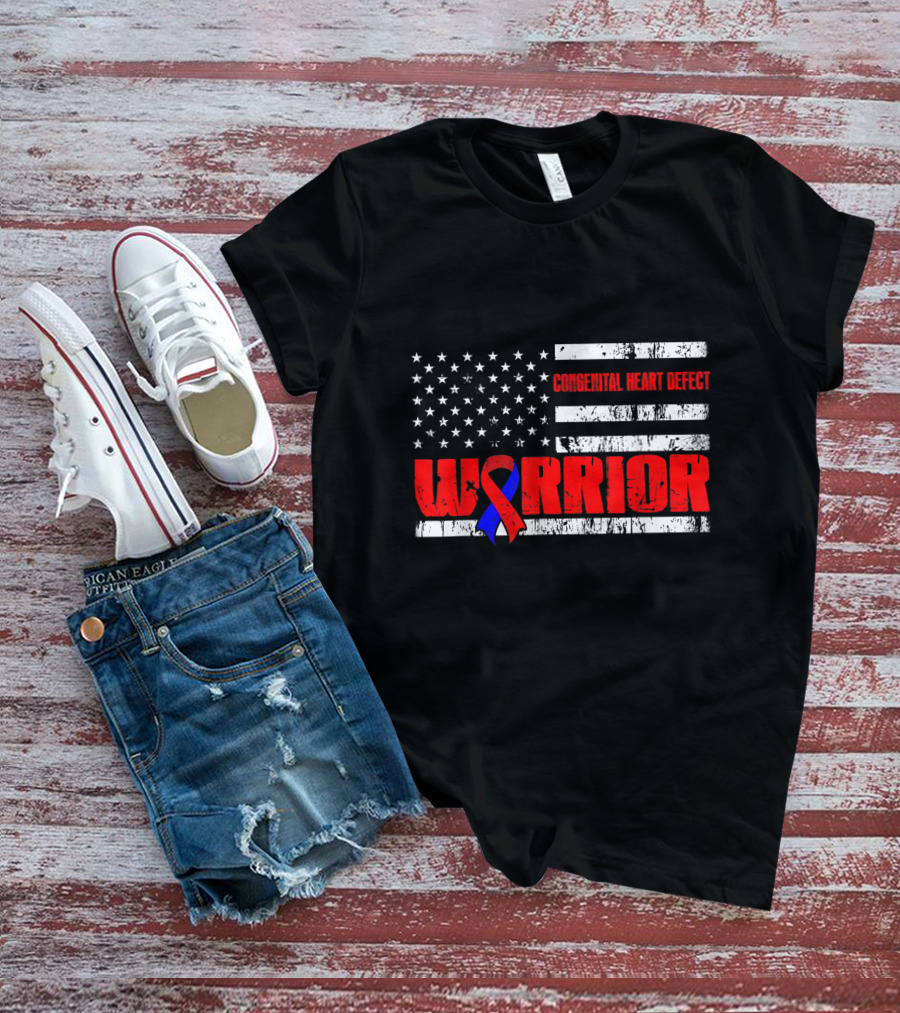 CONGENITAL HEART DEFECT WARRIOR USA FLAG AWARENESS T-Shirt