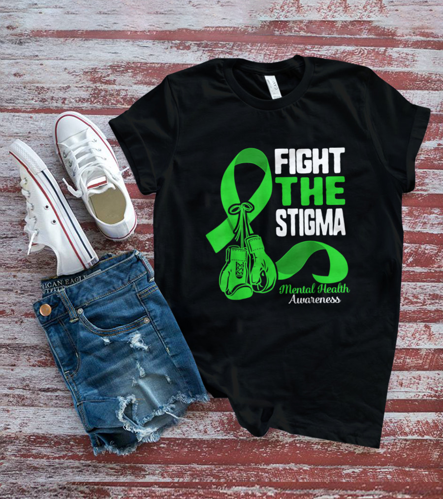 Fight The Stigma Mental Health Awareness Green Ribbon Boxing Gloves T-Shirt