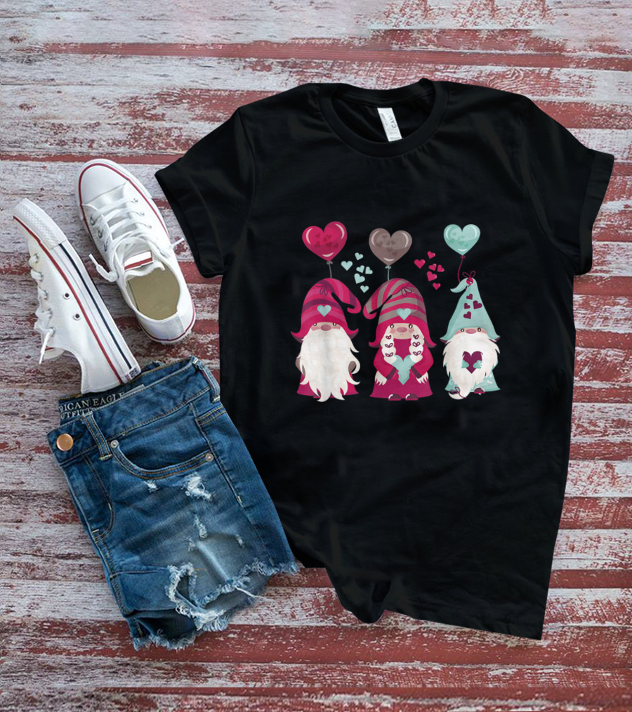 Three Gnomes With Heart Balloons Valentines T-Shirt