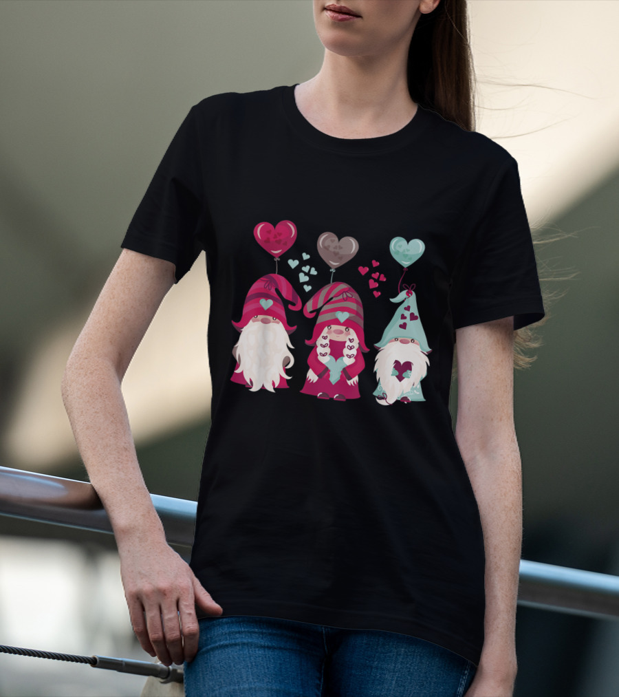 Three Gnomes With Heart Balloons Valentines T-Shirt