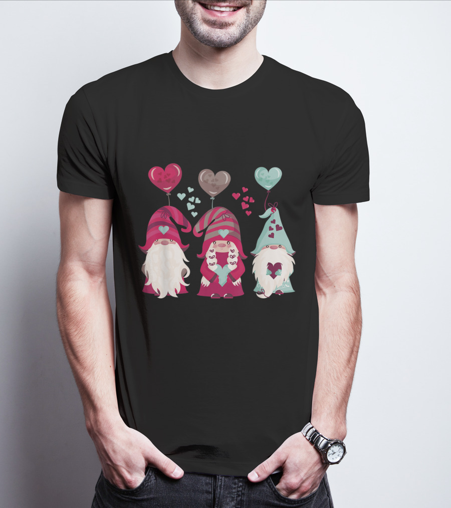 Three Gnomes With Heart Balloons Valentines T-Shirt