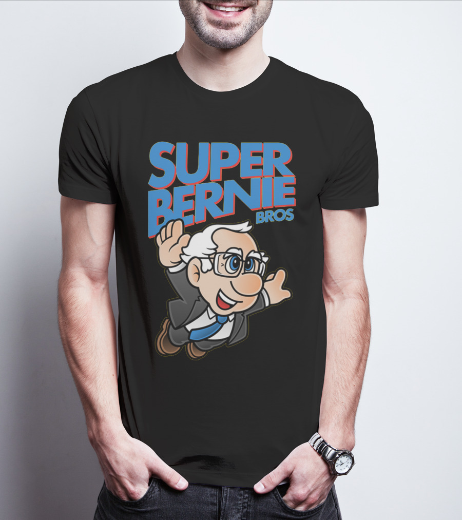 Super Bernie Bros Flying Cartoon Character In Blue Suit And Glasses Iconic T-Shirt