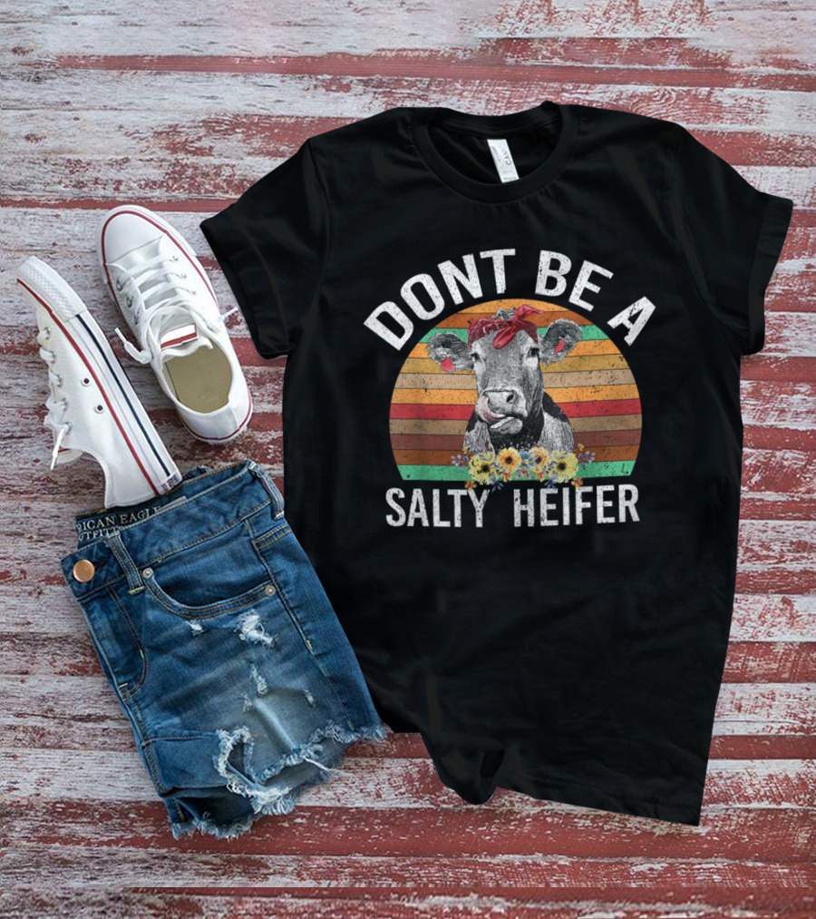 DONT BE A SALTY HEIFER Vintage Sunset Cow With Flowers T-Shirt