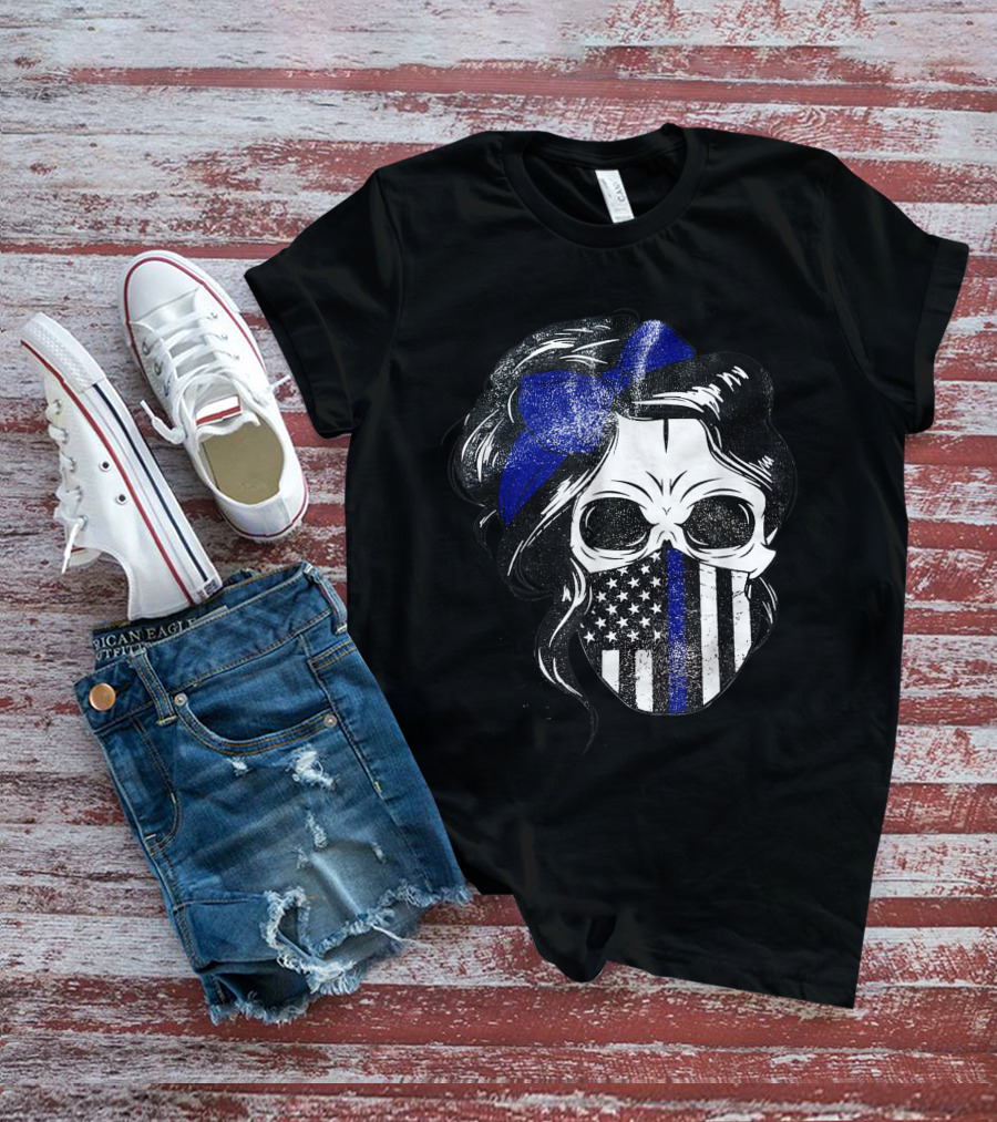 Skull Flag Blue Line Mask With Hair Bow And American T-Shirt