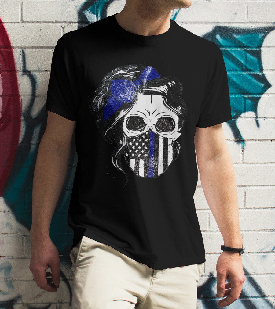 Skull Flag Blue Line Mask With Hair Bow And American T-Shirt
