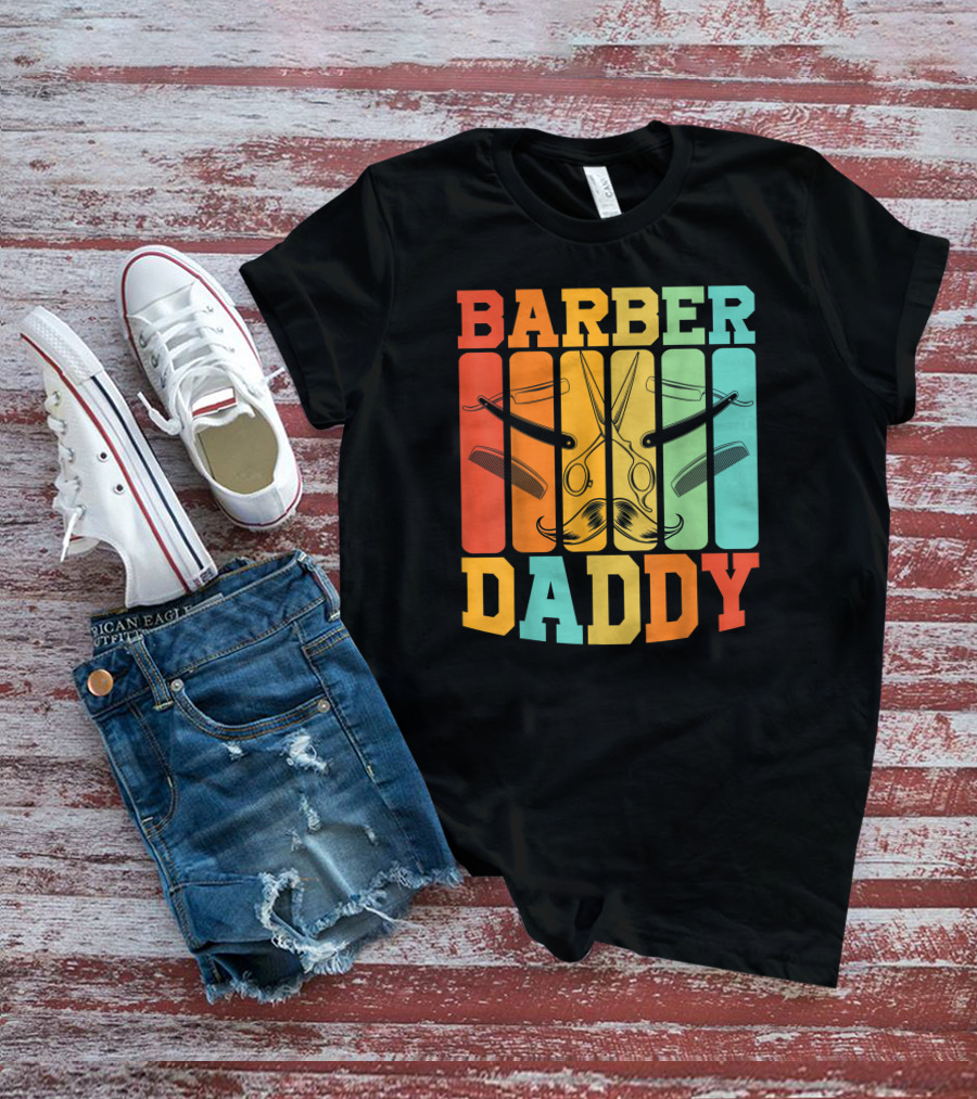 Barber Daddy Scissors And Comb Mustache Style Retro Blocks T-Shirt