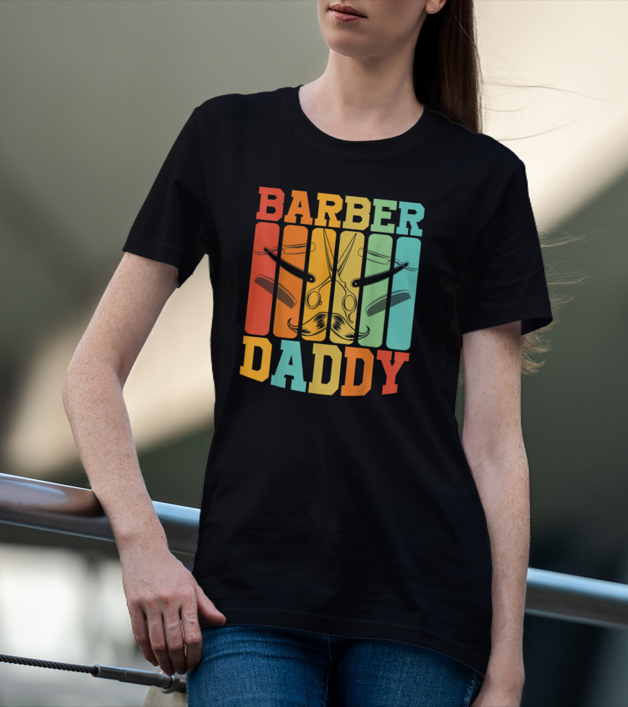 Barber Daddy Scissors And Comb Mustache Style Retro Blocks T-Shirt