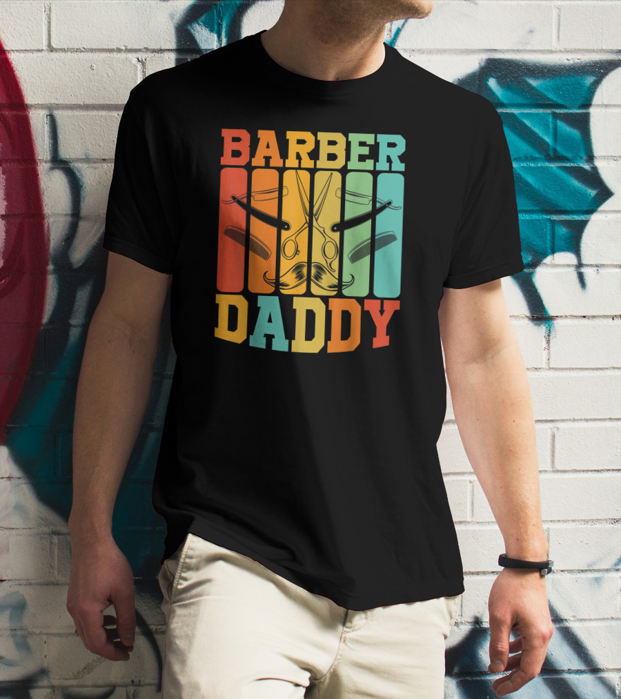 Barber Daddy Scissors And Comb Mustache Style Retro Blocks T-Shirt