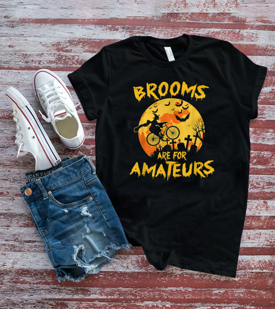 Brooms Are For Amateurs Witch Riding Bicycle Halloween Moon Graveyard Bats T-Shirt