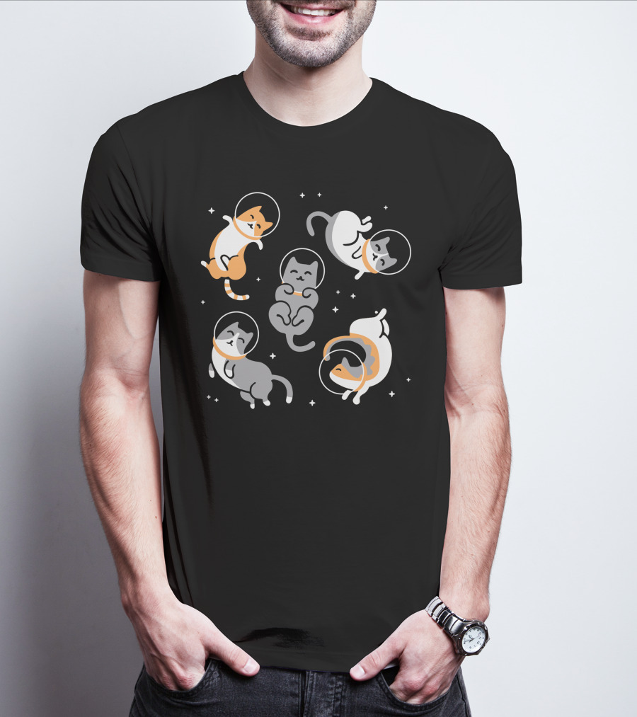 CATS IN SPACE Floating Cartoon Kittens In Astronaut Helmets Amid Stars T-Shirt