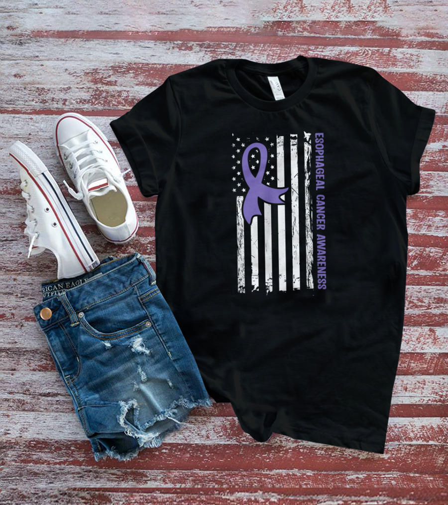 Esophageal Cancer Awareness American Flag Purple Ribbon T-Shirt