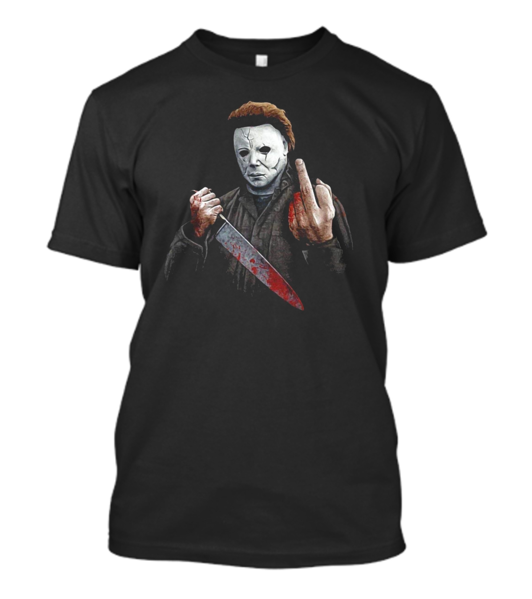 Halloween Michael Myers Holding Bloody Knife And Middle Finger Gesture T-Shirt