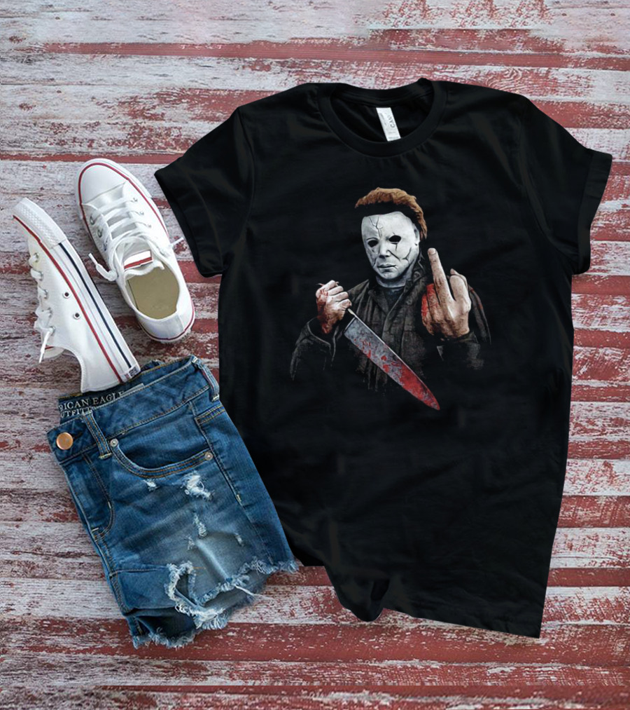 Halloween Michael Myers Holding Bloody Knife And Middle Finger Gesture T-Shirt