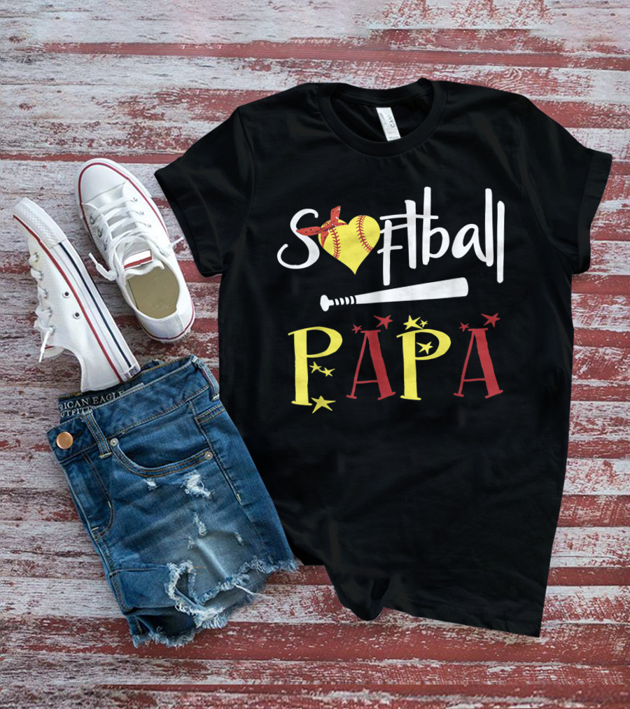 Softball Papa Heart Bat Stars T-Shirt