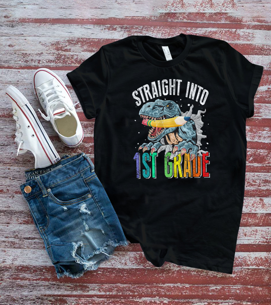 Straight Into 1st Grade Dinosaur Pencil Graphic Back To School T-Shirt