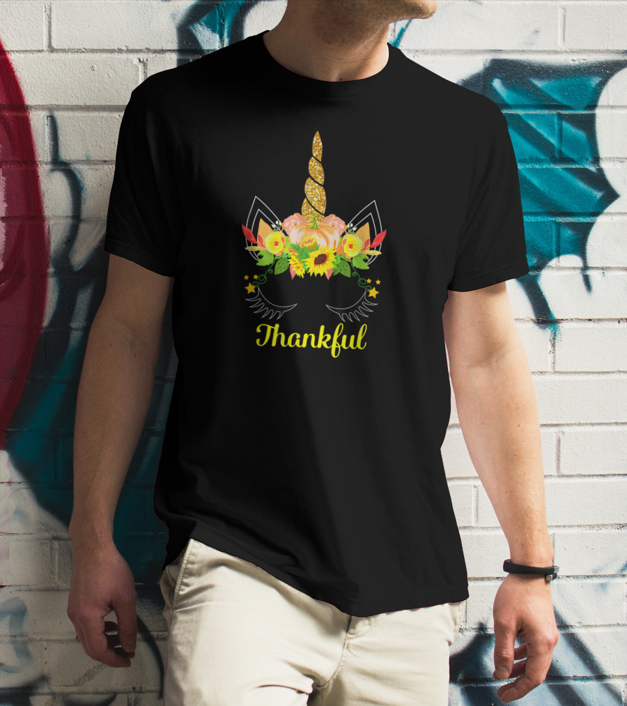 Thankful Thanksgiving Cute Unicorn Pumpkin Floral Sunflower T-Shirt