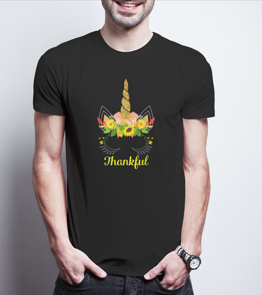 Thankful Thanksgiving Cute Unicorn Pumpkin Floral Sunflower T-Shirt