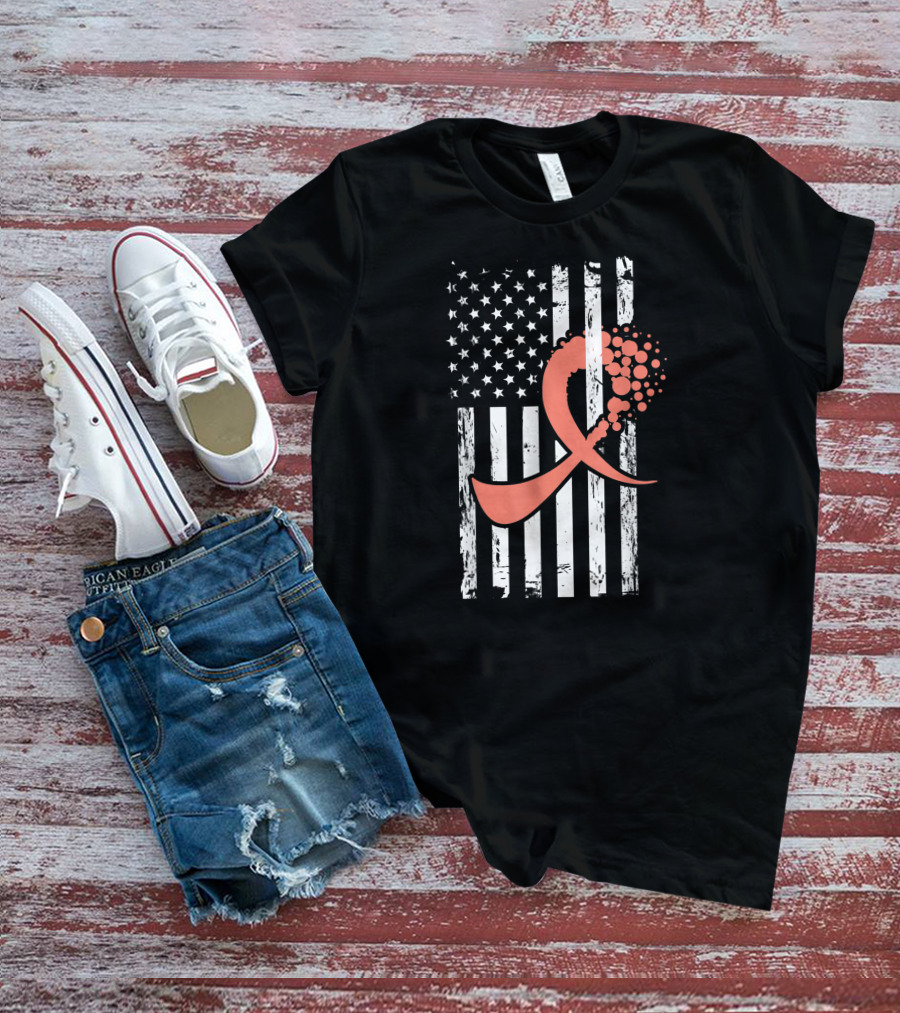 American Flag With Uterine Cancer Awareness T-Shirt