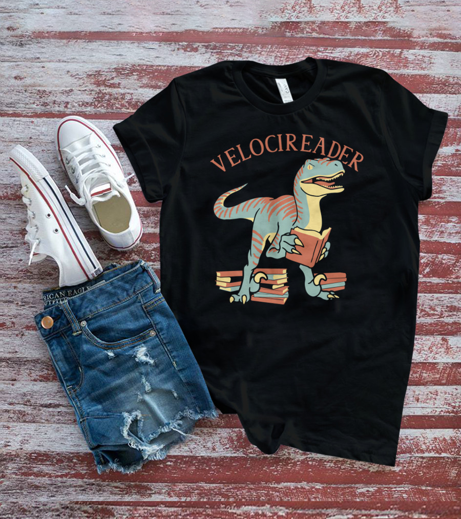 VELOCIREADER Dinosaur Reading Book With Stacked Books T-Shirt