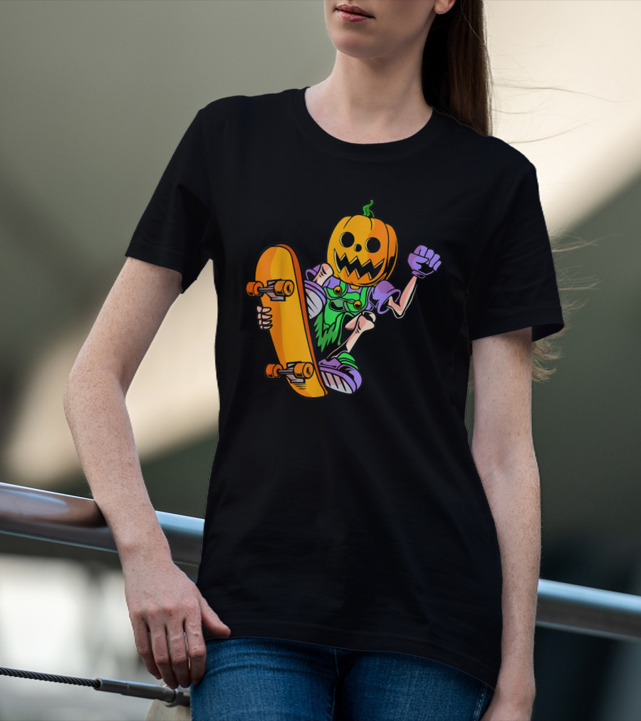 Pumpkin Head Trick Skateboarding With Halloween T-Shirt