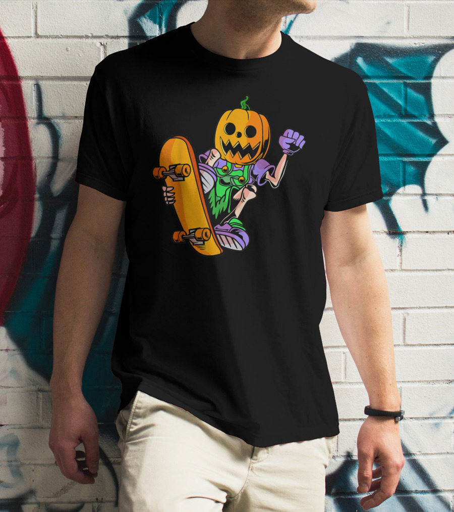 Pumpkin Head Trick Skateboarding With Halloween T-Shirt